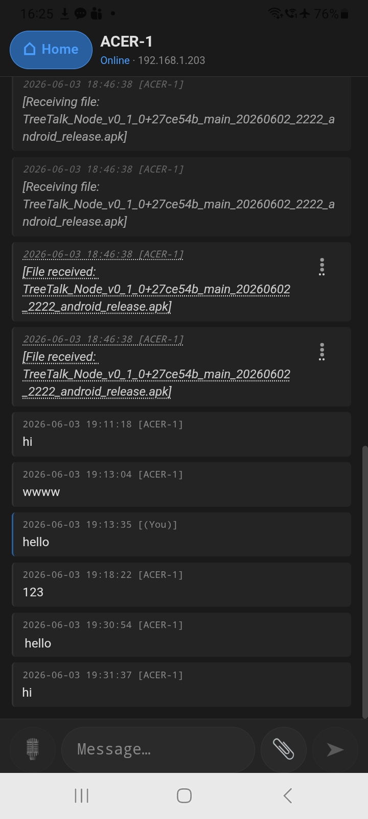 TreeTalk Node Android app showing an opened peer chat and direct collaboration screen