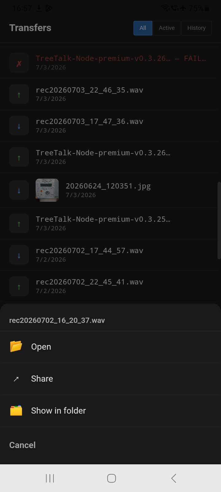 TreeTalk Node Android Transfers tab showing file previews, failed transfer notifications and share menu options