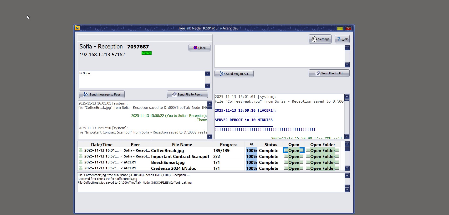 TreeTalk Node main window with peers detected