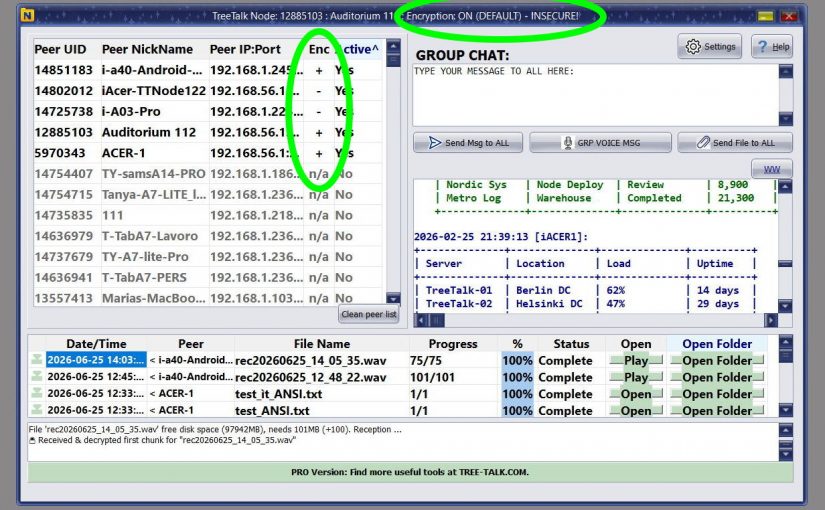 TreeTalk Node 1.22 dashboard showing the new Encryption column in the Peers table, helping users verify end-to-end encryption status before sending local network messages or files.