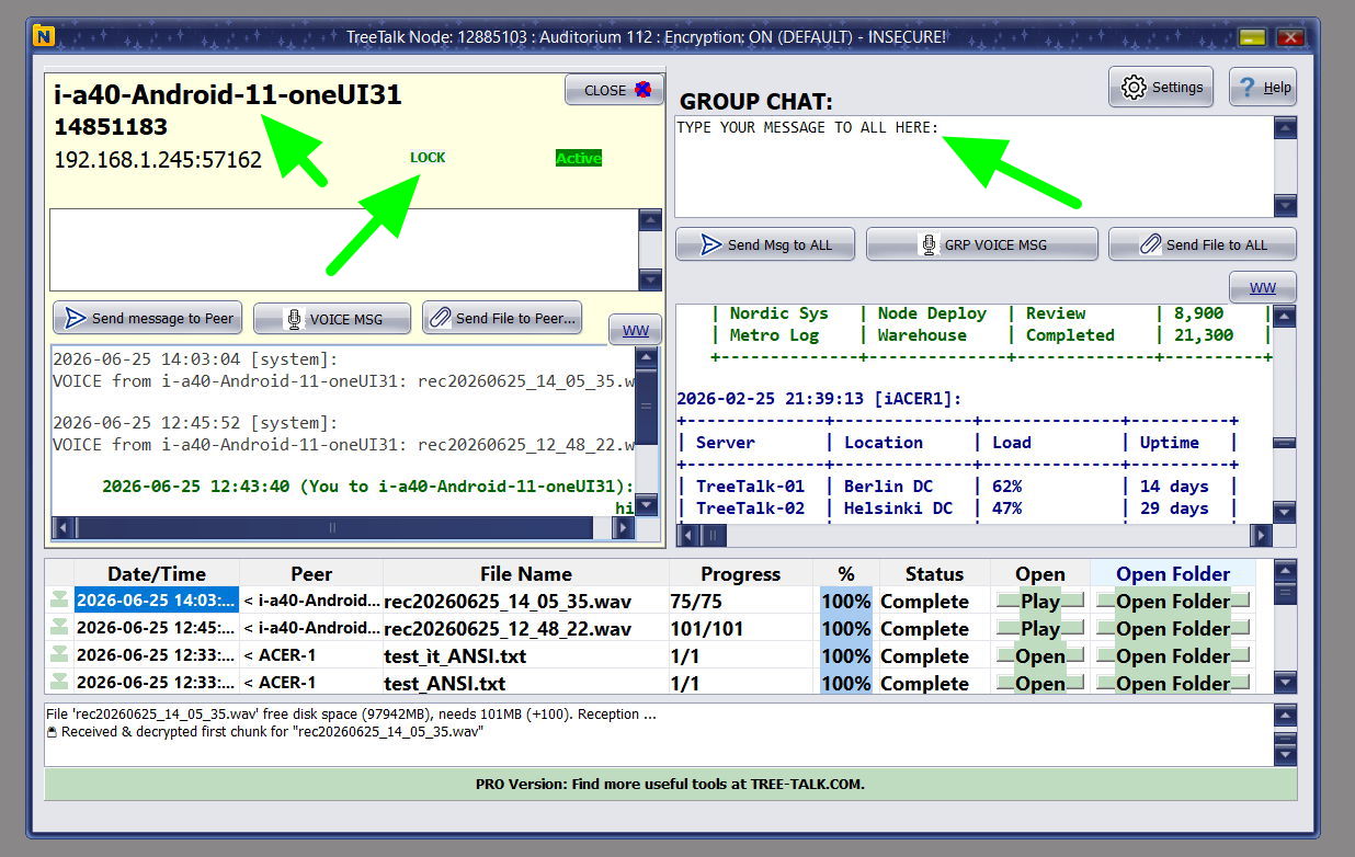TreeTalk Node 1.22 private chat showing full peer name and end-to-end encryption lock indicator