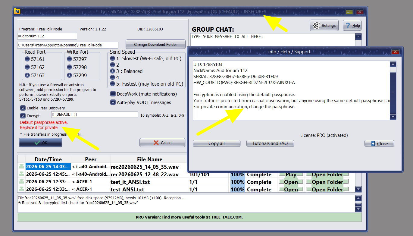 TreeTalk Node 1.22 default encryption key warnings in the window header setup panel and help window