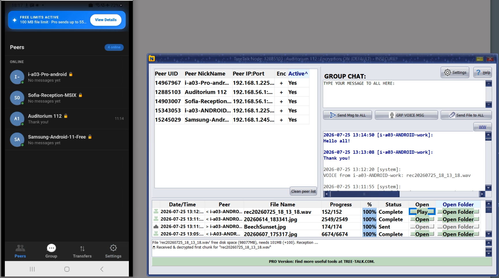 TreeTalk Node Android Peers tab and Windows version