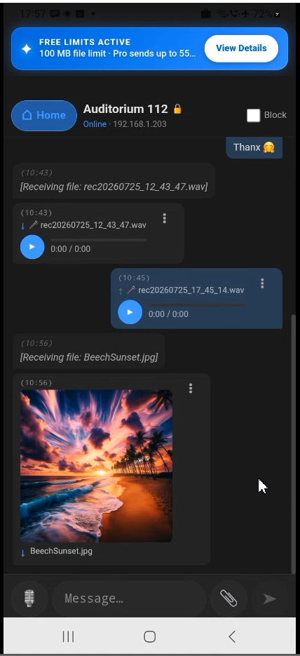 TreeTalk Node Android Peers tab with a received image preview, text chat and voice messages