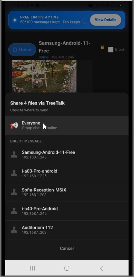 Android share menu for sending a Gallery file through TreeTalk Node to everyone or a selected peer