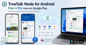 TreeTalk Node Free and Pro on Android sharing files, photos, messages and voice directly with a Windows PC over a local Wi-Fi network.