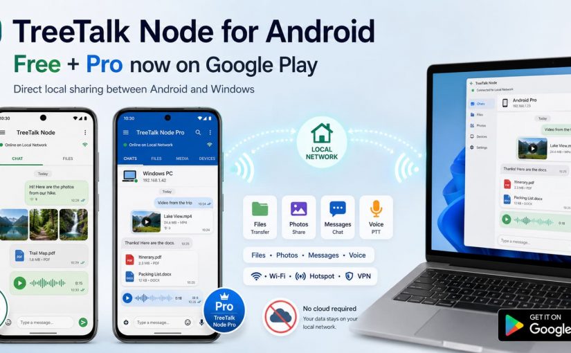 TreeTalk Node Free and Pro on Android sharing files, photos, messages and voice directly with a Windows PC over a local Wi-Fi network.